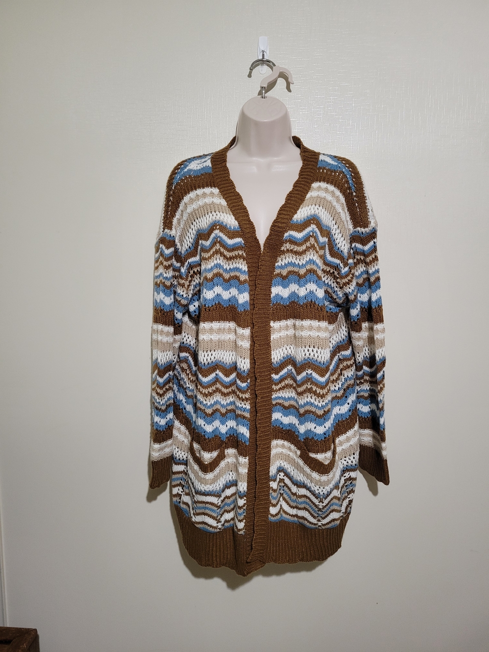 Brown Multicolor Open-Front Knit Cardigan Sweater